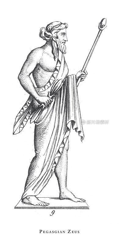 Pegasgian Zeus，希腊和罗马神话中的传奇场景和人物雕刻古董插图，出版于1851年